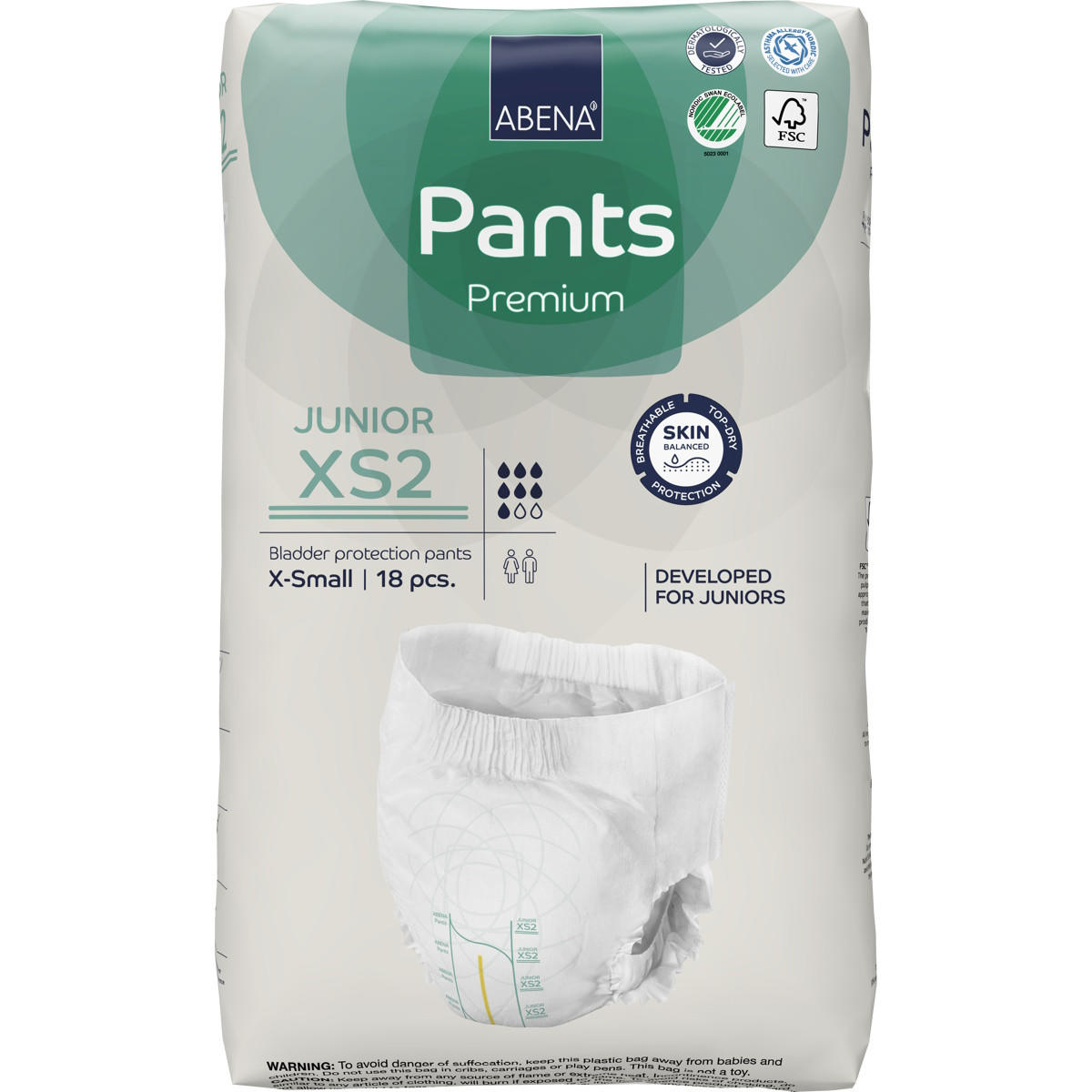 A package of Abena Pants Junior Youth Incontinence Pull Ups, XS2 by Abena, X-Small, 18 pieces. The white packaging with green and blue accents shows product details plus icons for skin protection and eco-certifications.