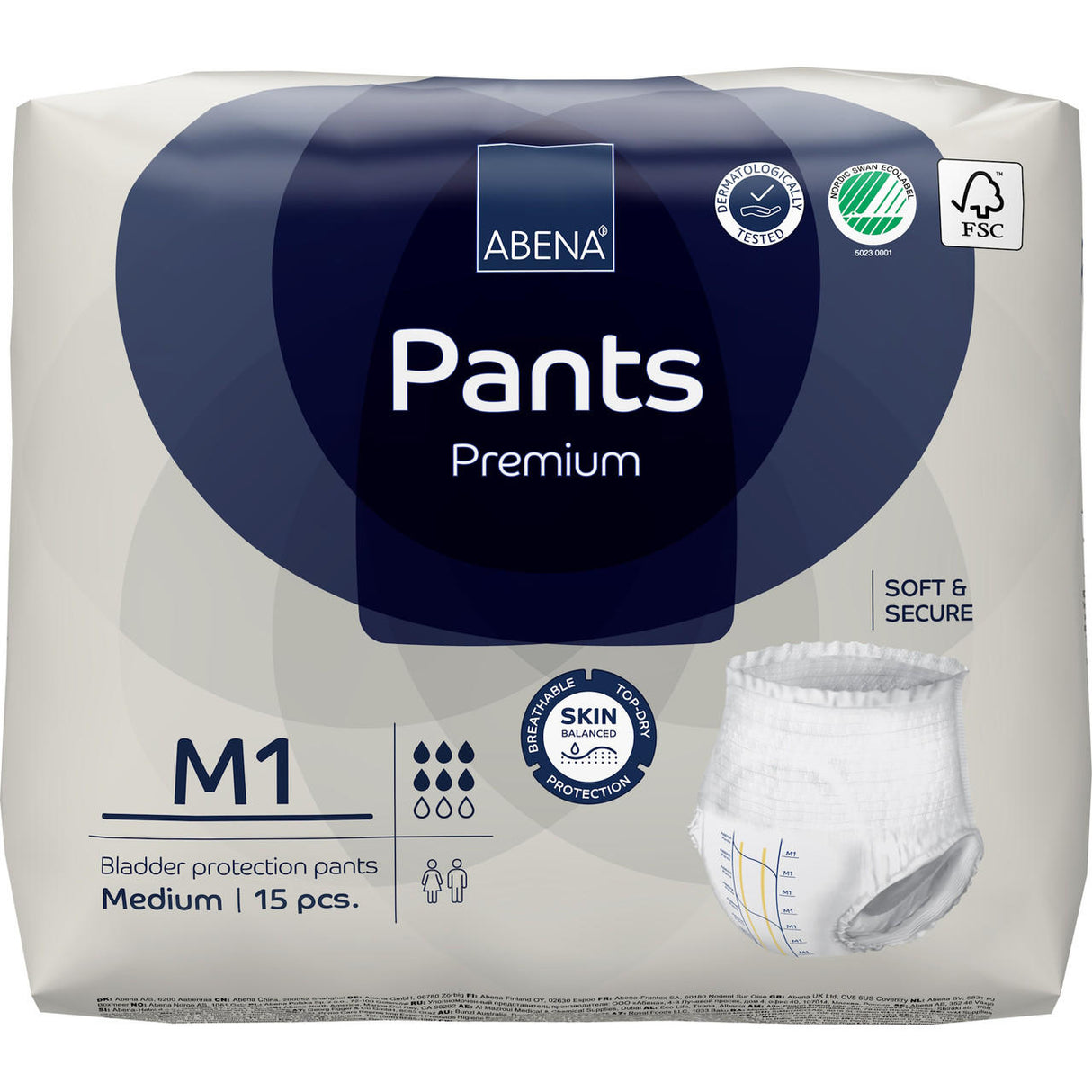 A pack of Abena Pants Premium Pull-On Underwear Level 1, size M, includes 15 pieces and features skin protection, softness, security, and eco-friendly certifications.
