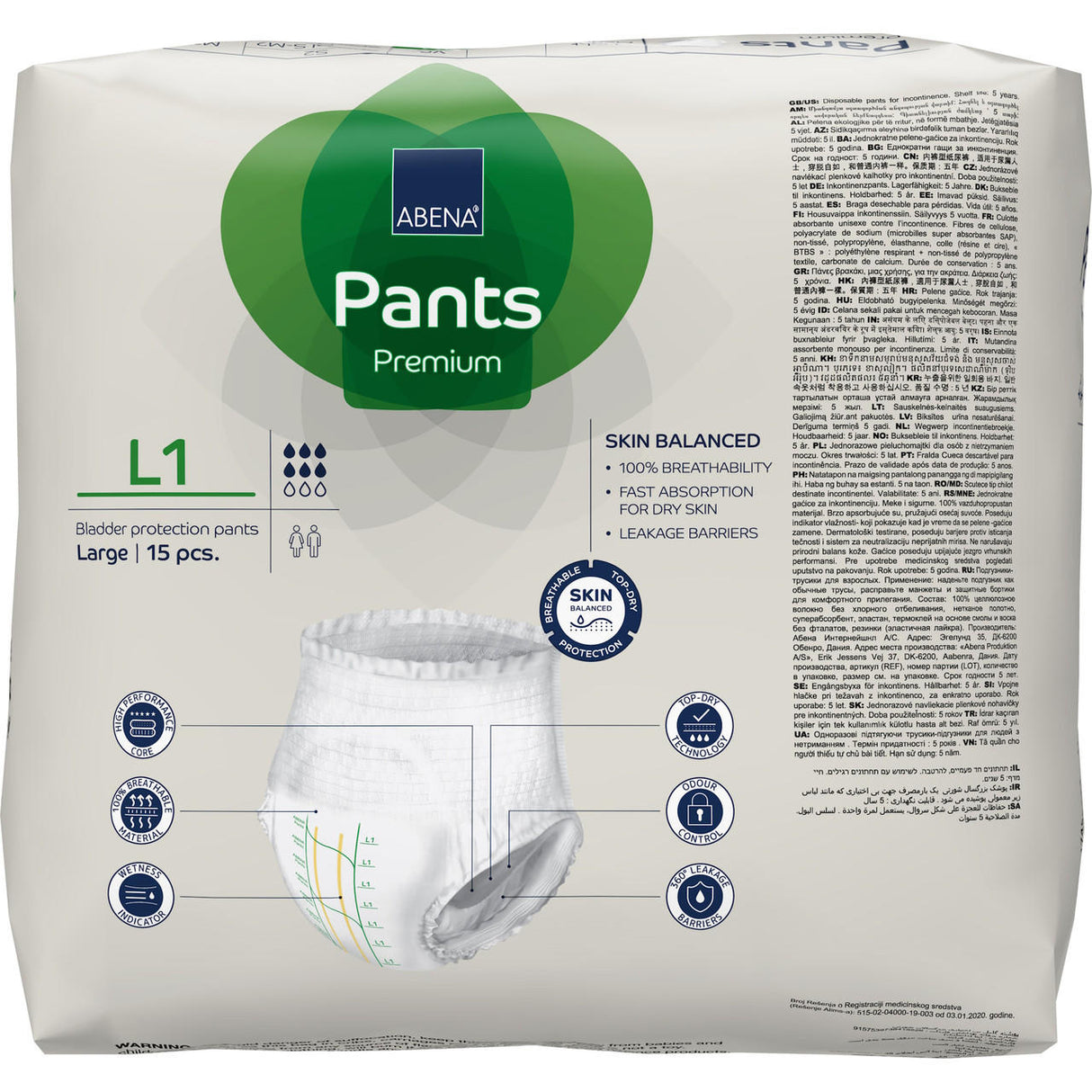 A 15-count pack of Abena Pants Premium Pull-On Underwear Level 1, size Large, from Abena, in mostly white packaging with green accents featuring product highlights and an image of the absorbent underwear.