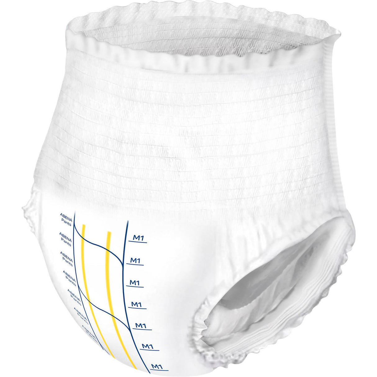 Abena Pants Premium Pull-On Underwear Level 1 by Abena is a white adult diaper with elastic waistband, leg openings, blue and yellow printed lines, and M1 size indicators. This absorbent product ensures comfort and reliable protection.