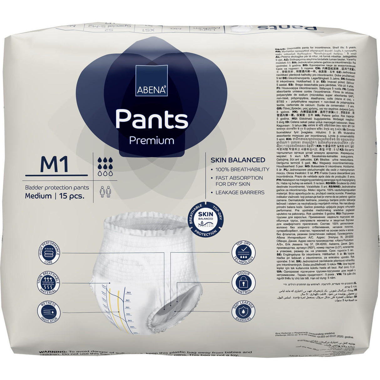 A pack of Abena Pants Premium Pull-On Underwear Level 1, medium size, contains 15 pieces. Features include skin balance, breathable material, fast absorption, and leakage barriers.