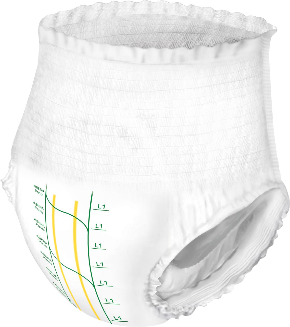 Abena Pants Premium Pull-On Underwear Level 1 by Abena is a white pull-up with elastic waistband, yellow and green printed lines and numbers on one side for wetness or size indication, and provides absorbent adult protection.