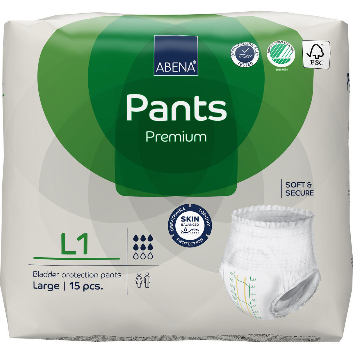 A 15-count pack of Abena Pants Premium Pull-On Underwear Level 1, size Large, in white and green packaging with product icons, certifications, and an image of a single pant.