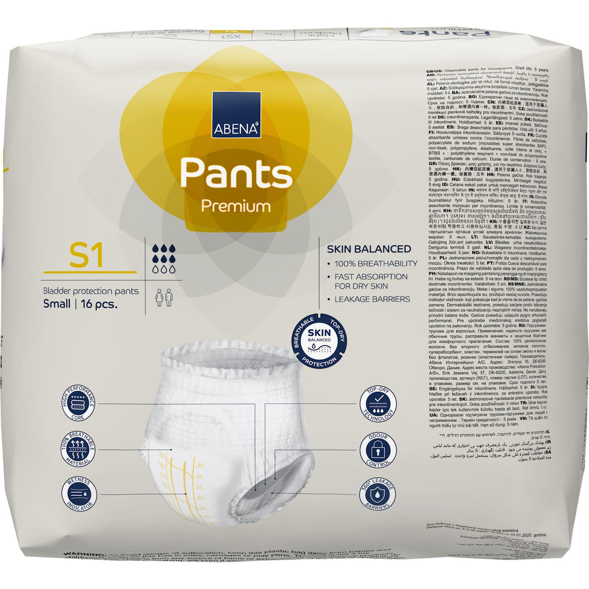 Abena Pants Premium Pull-On Underwear Level 1, small size, 16-pack by Abena. Mainly white packaging with yellow and gray accents displays features and a photo of a single pull-up adult diaper on the front.