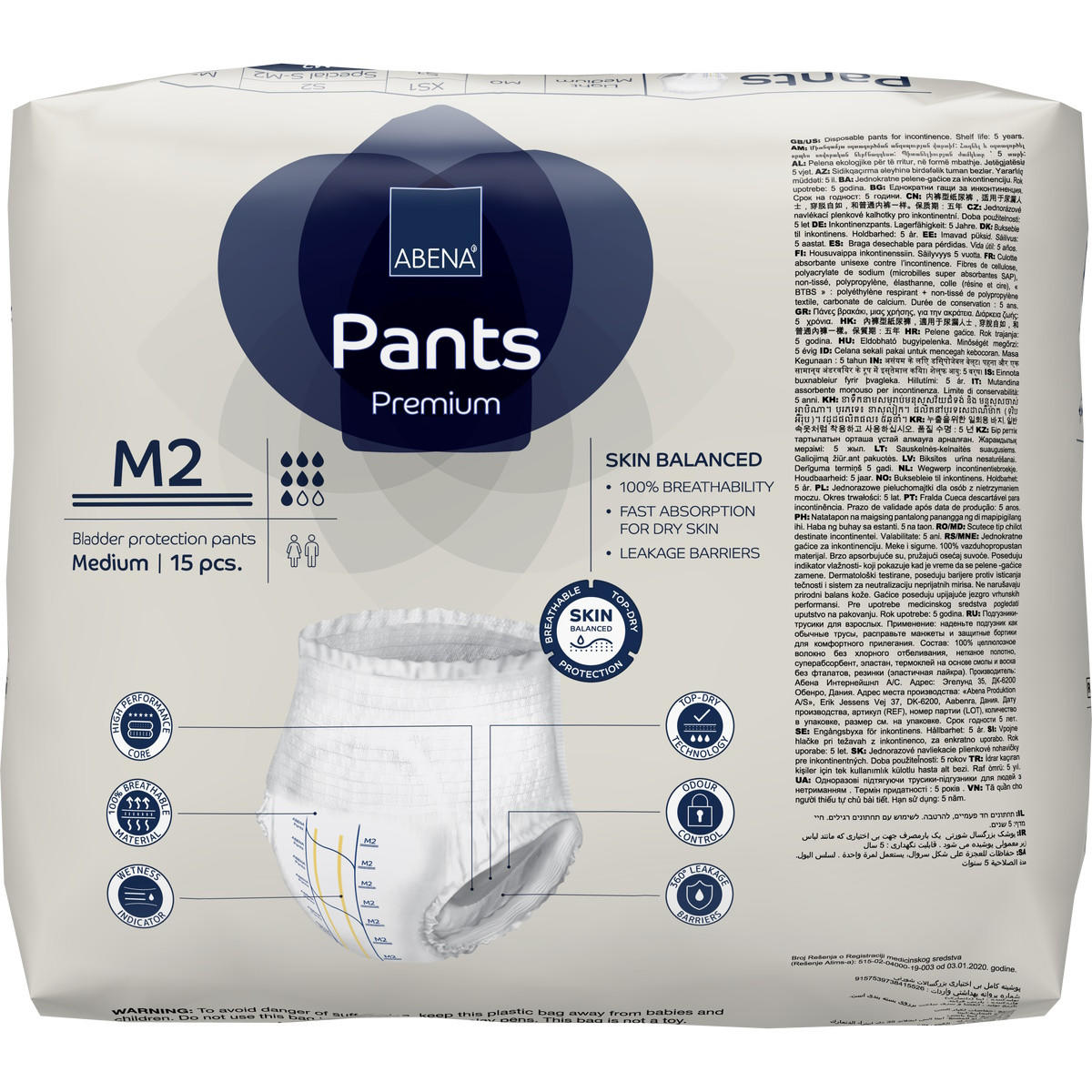 A pack of Abena Pants Premium Pull-On Underwear Level 2, medium, 15 pcs; features product image, moderate absorbency for bladder protection, skin balanced care, fast absorption, leakage barriers & multilingual text.