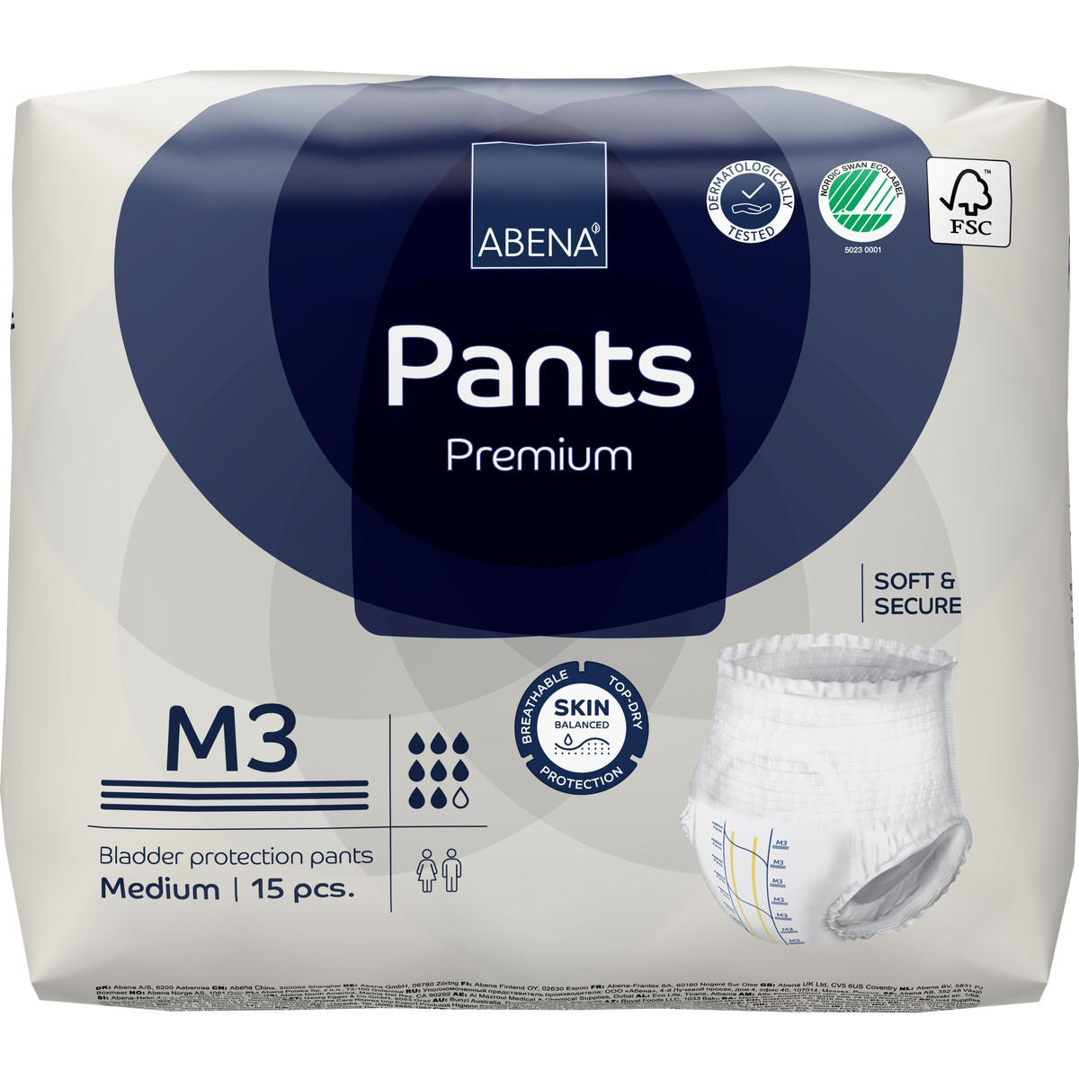 A pack of 15 Abena Pants Premium Pull-On Underwear Level 3, size Medium (M3). The white and blue pack by Abena highlights maximum absorbency, eco-labels, product icons, and an image of the underwear.