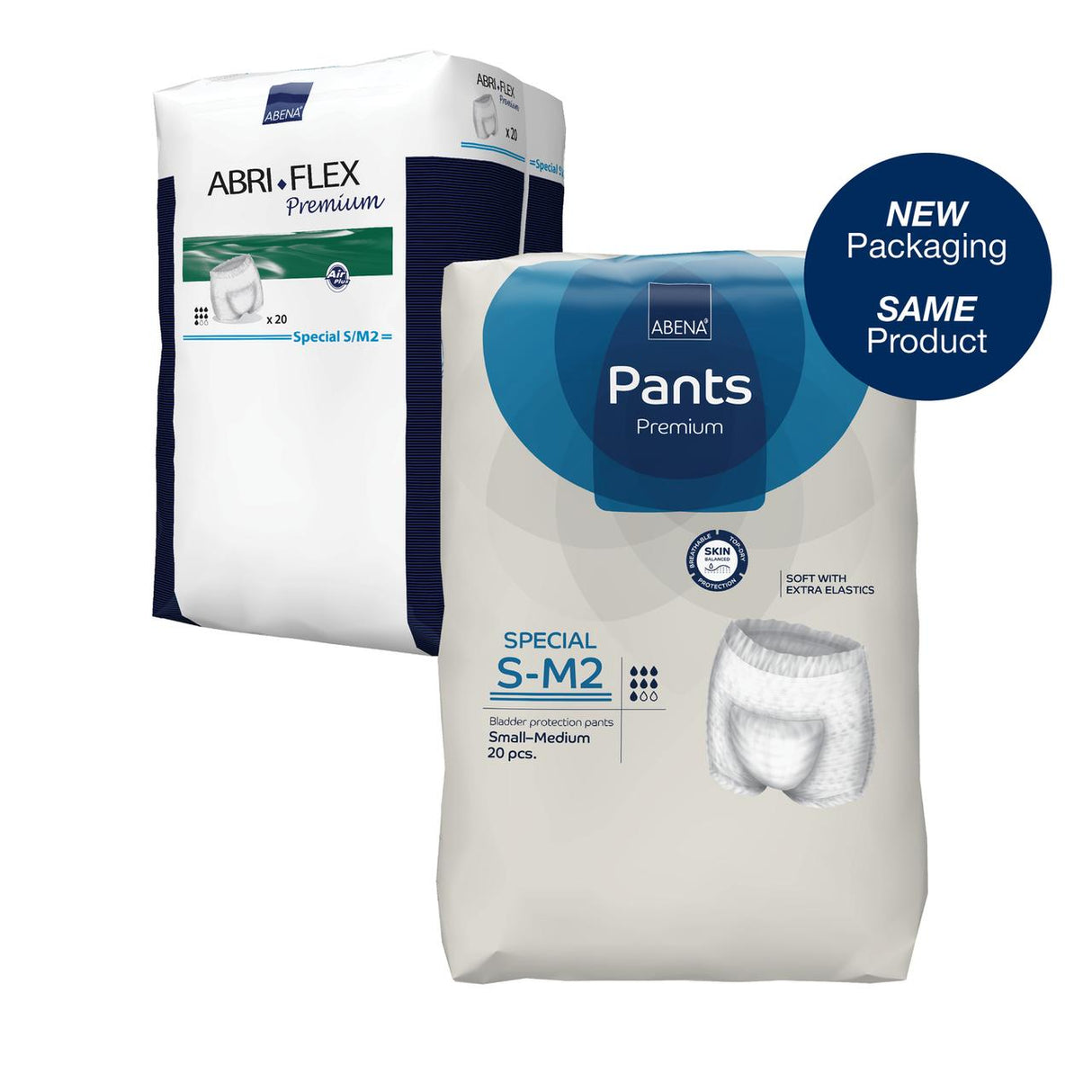 Two packages of Abena Pants Premium Special Pull-On Absorbent Underwear Level 2 by Abena are shown: one with old and one with new packaging labeled NEW Packaging SAME Product. Both show images and size Special S-M2.