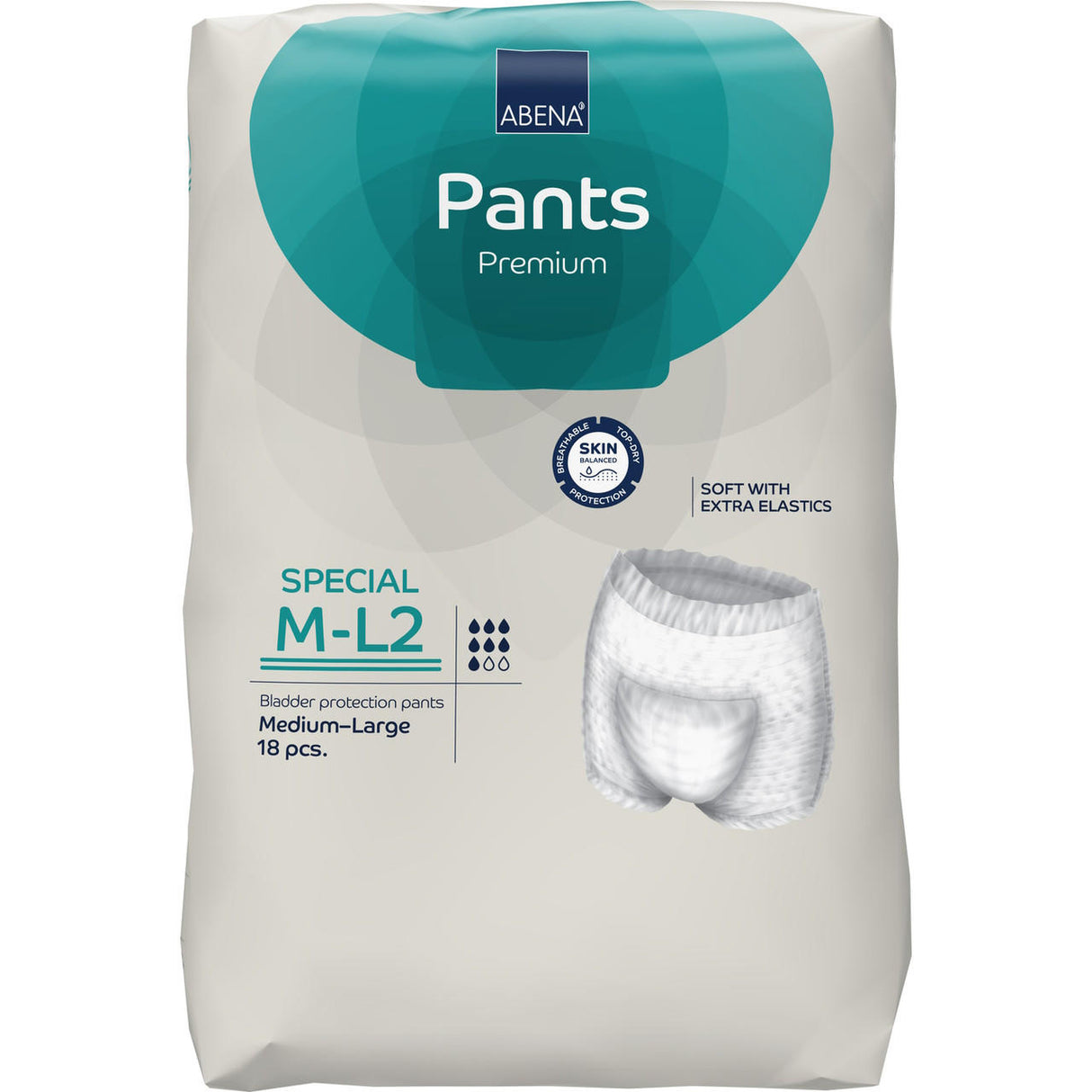 A pack of Abena Pants Premium Special Pull-On Absorbent Underwear Level 2 by Abena, size Medium-Large (M-L2), includes 18 pieces in mostly white and teal packaging, with an image of the pants and heavy absorbency highlighted.