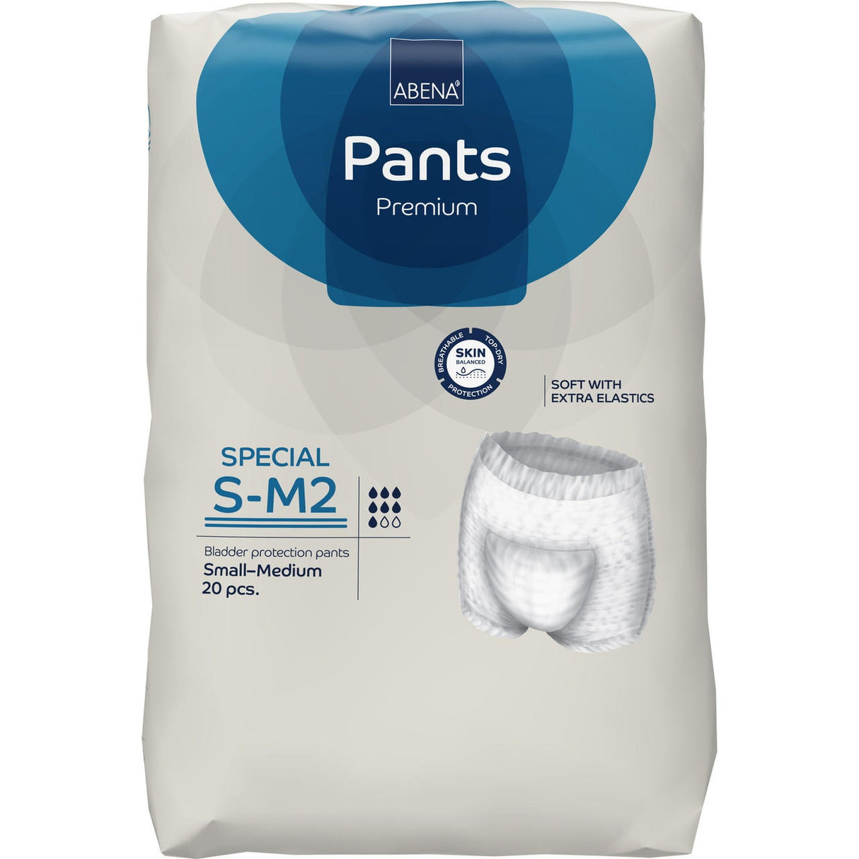 A 20-pack of Abena Pants Premium Special Pull-On Absorbent Underwear Level 2 by Abena, for small to medium sizes, offering heavy absorbency. The white and blue package displays an image of the product.