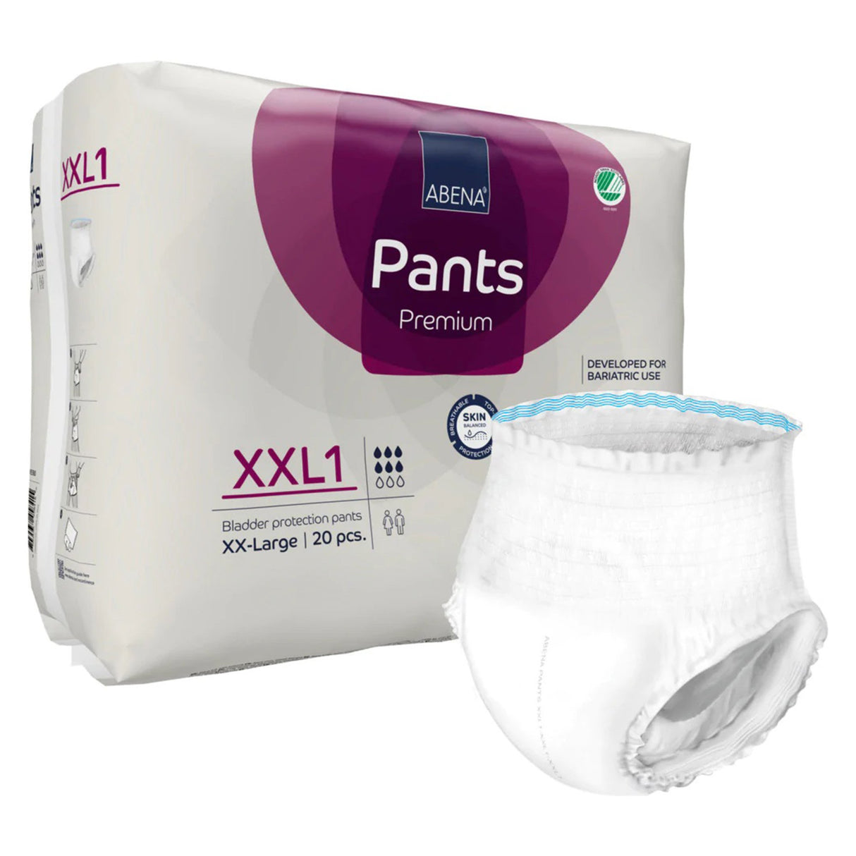 A package of Abena Pants Premium Pull-On Underwear Level 1, size XXL1, by Abena, designed for bariatric use. The pack contains 20 absorbent pull-up briefs and features an image of one unfolded adult diaper on the front.