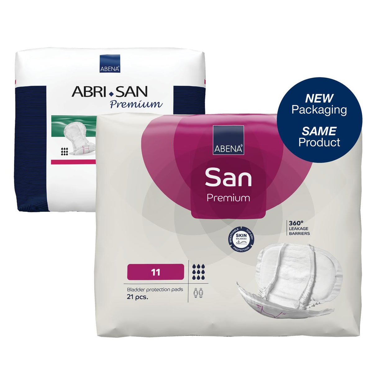 Two Abena San Premium Incontinence Pads by Abena are shown: the old package is in the back, while the new pack with a blue NEW Packaging, SAME Product circle and highlighted absorbent core is in front.