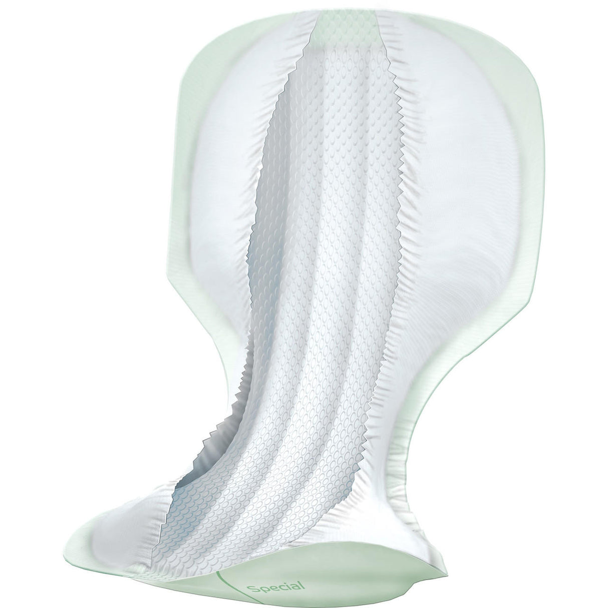 A close-up of an open Abena San Special Fecal Incontinence Pad by Abena, showing its contoured shape, textured layers, heavy absorbency, and raised leak guards for reliable protection.