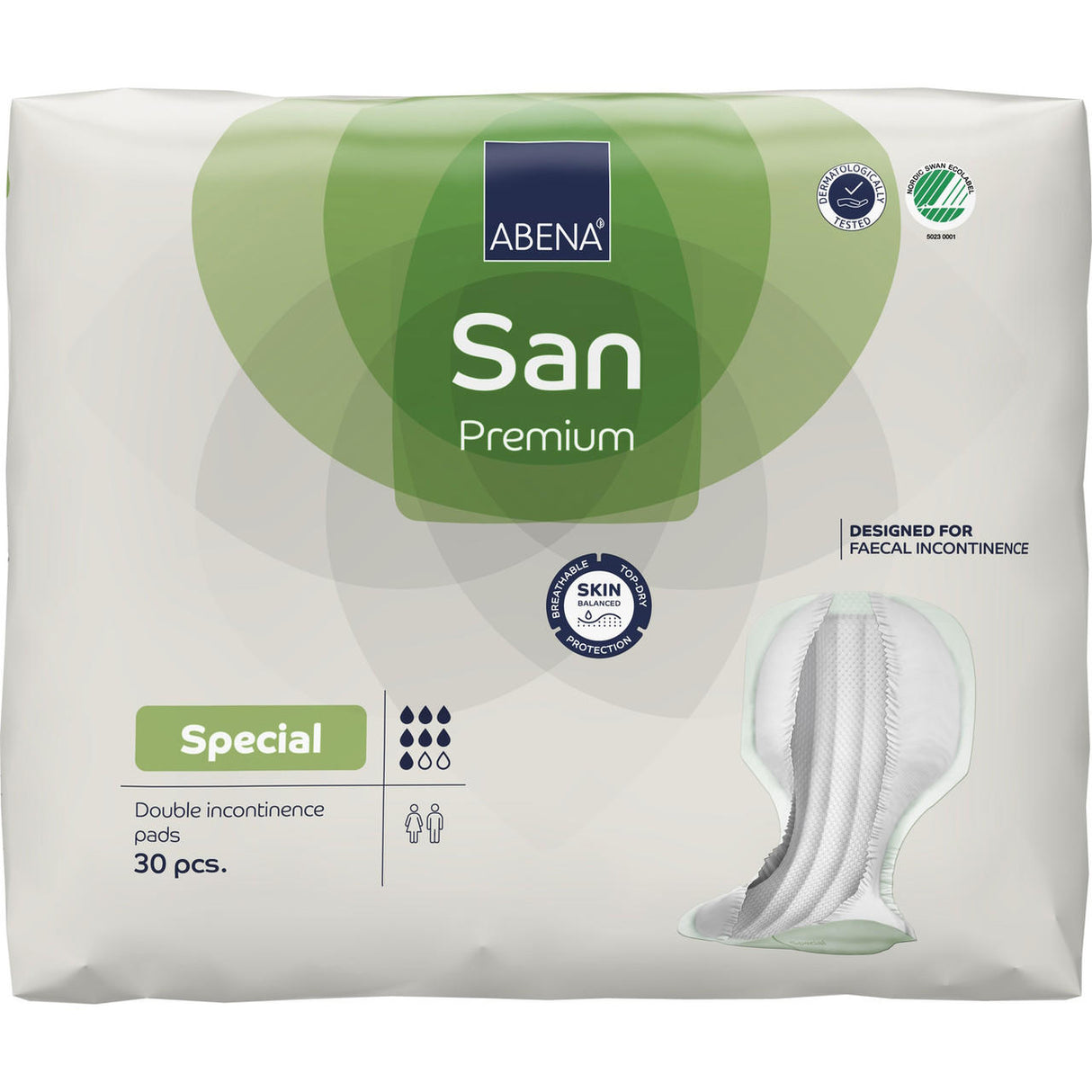Abena San Special Fecal Incontinence Pad by Abena, package with 30 pads for heavy absorbency, leak guards, skin health certification icons, product image, and text stating Designed for fecal incontinence.