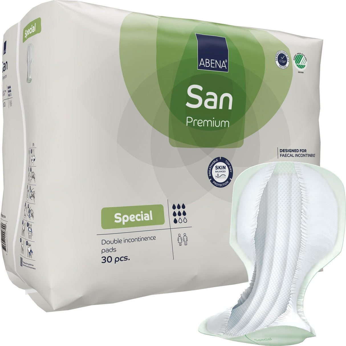 A package of Abena San Special Fecal Incontinence Pads by Abena (30 count) is shown beside a single pad. The mostly white packaging with green accents highlights built-in leak guards for heavy absorbency.