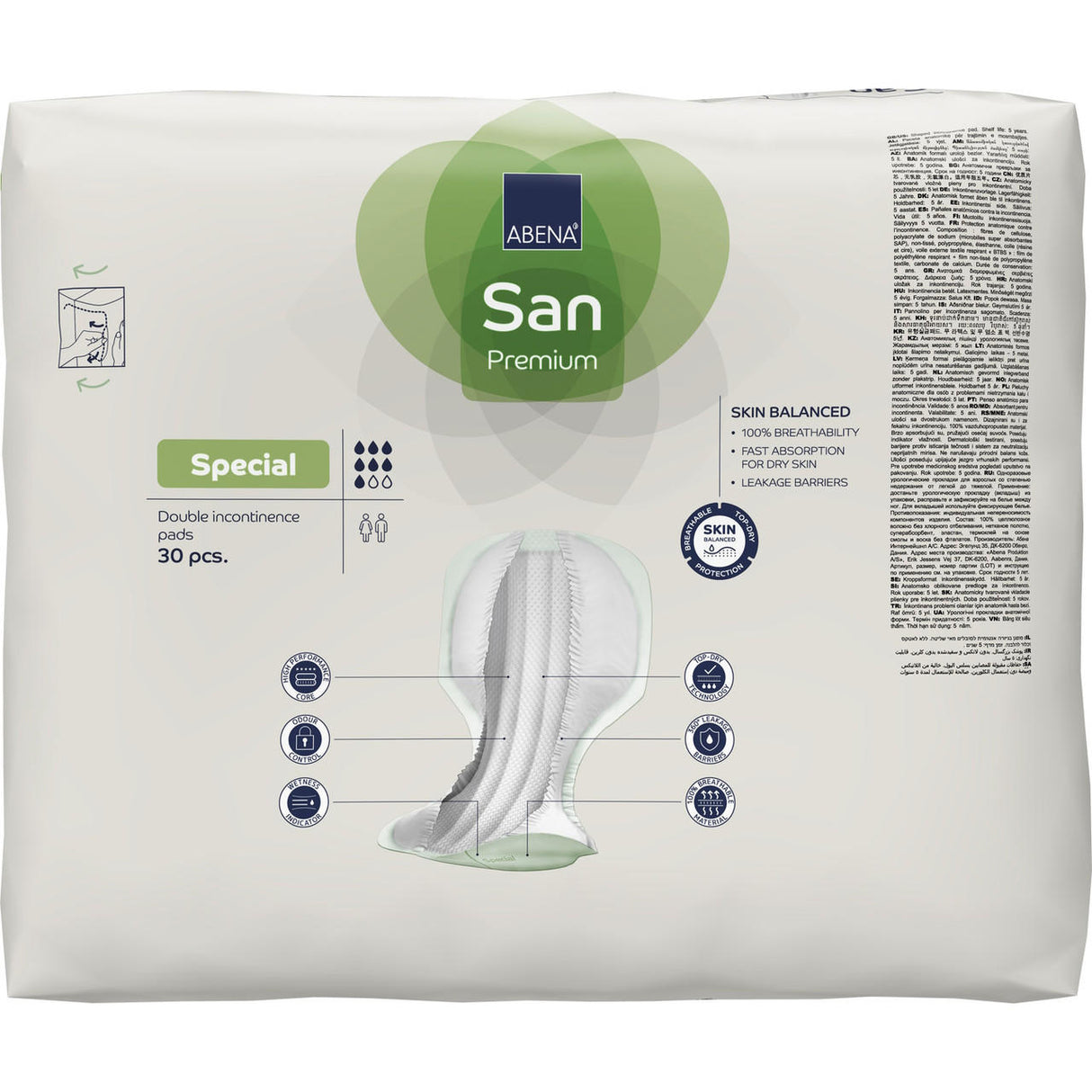 A 30-pack of Abena San Special Fecal Incontinence Pads by Abena, with a large pad image, leak guards for heavy absorbency, feature icons, product details, and a blue and green design.