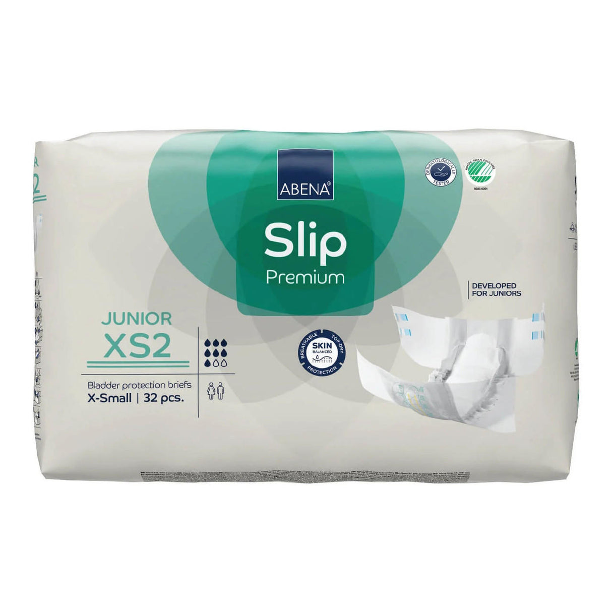 Package of Abena Slip Junior Youth Incontinence Briefs by Abena, X-Small, 32 count. Packaging shows product details, images of the briefs, and certification icons for youth incontinence care.