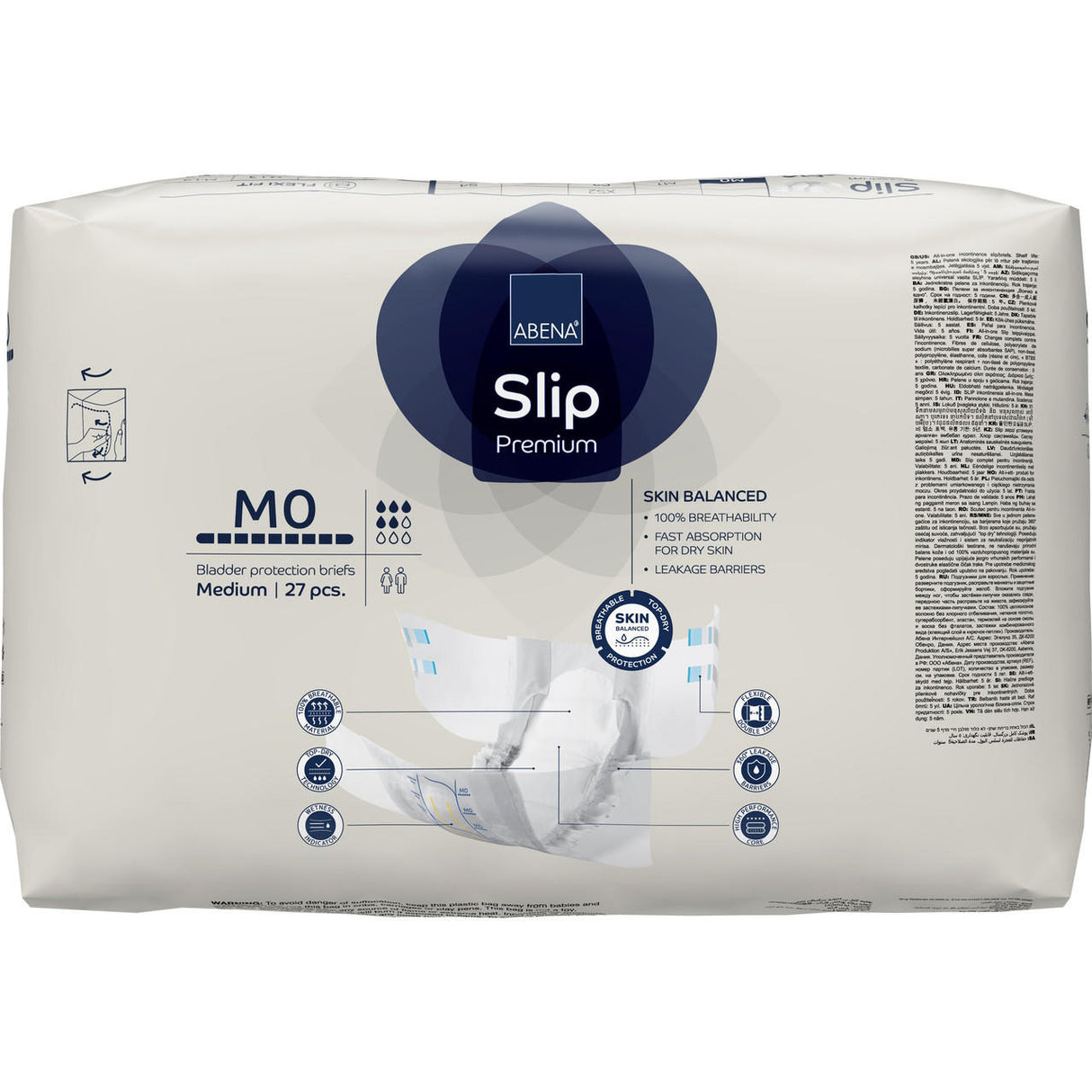 Abena Slip Premium Adult Diapers Level 0, Medium, 27-pack. The mostly white package with blue accents features product details, diaper illustrations, and promotes rapid absorption and leakage protection. Brand: Abena.