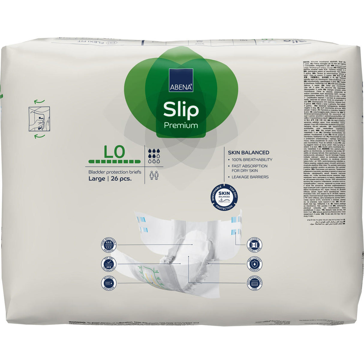 A 26-count pack of Abena Slip Premium Adult Diapers Level 0, size large, by Abena. The mainly white packaging with green and blue accents features key benefits like rapid absorption and reliable leakage protection.