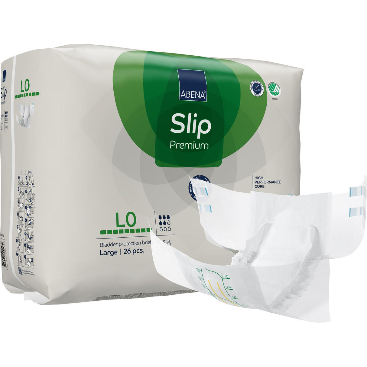 A pack of Abena Slip Premium Adult Diapers Level 0, size Large, contains 26 pieces. One unfolded diaper is shown in front, highlighting its interior and side tabs for fast absorption and secure leak protection.