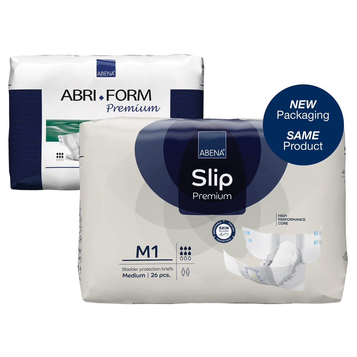 Two packs of Abena Slip Premium Level 1 Adult Diapers by Abena are shown: the old Abri-Form Premium in back and the new pack in front labeled “NEW Packaging SAME Product.” These briefs provide moderate comfort and protection.