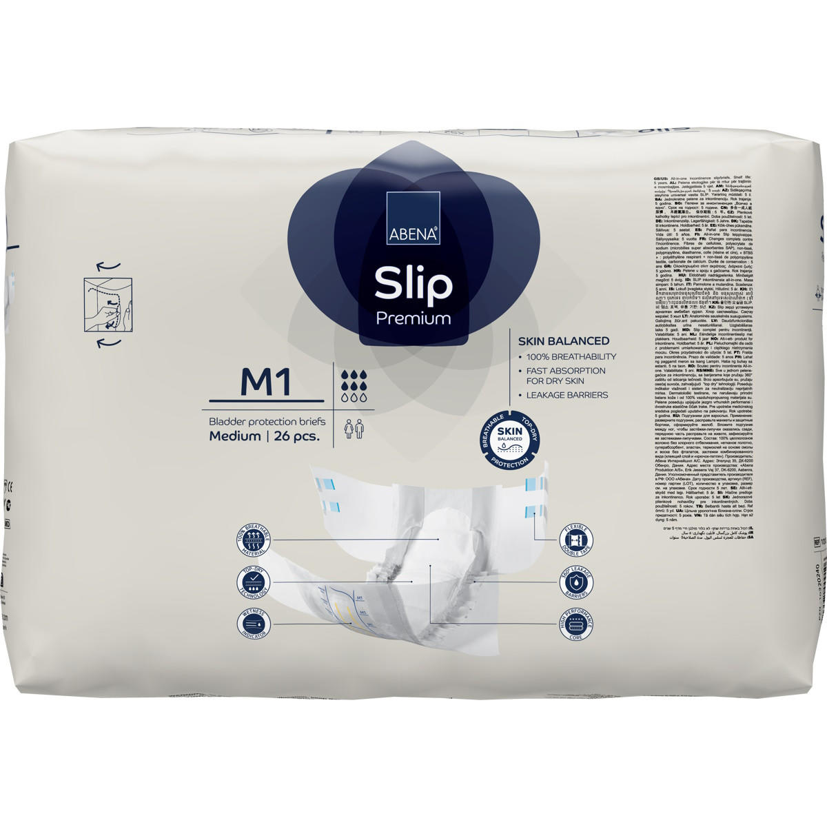 A 26-pack of Abena Slip Premium Level 1 Adult Diapers, medium size, by Abena. The white and blue packaging highlights skin balance and fast absorption for moderate absorbency bladder protection.