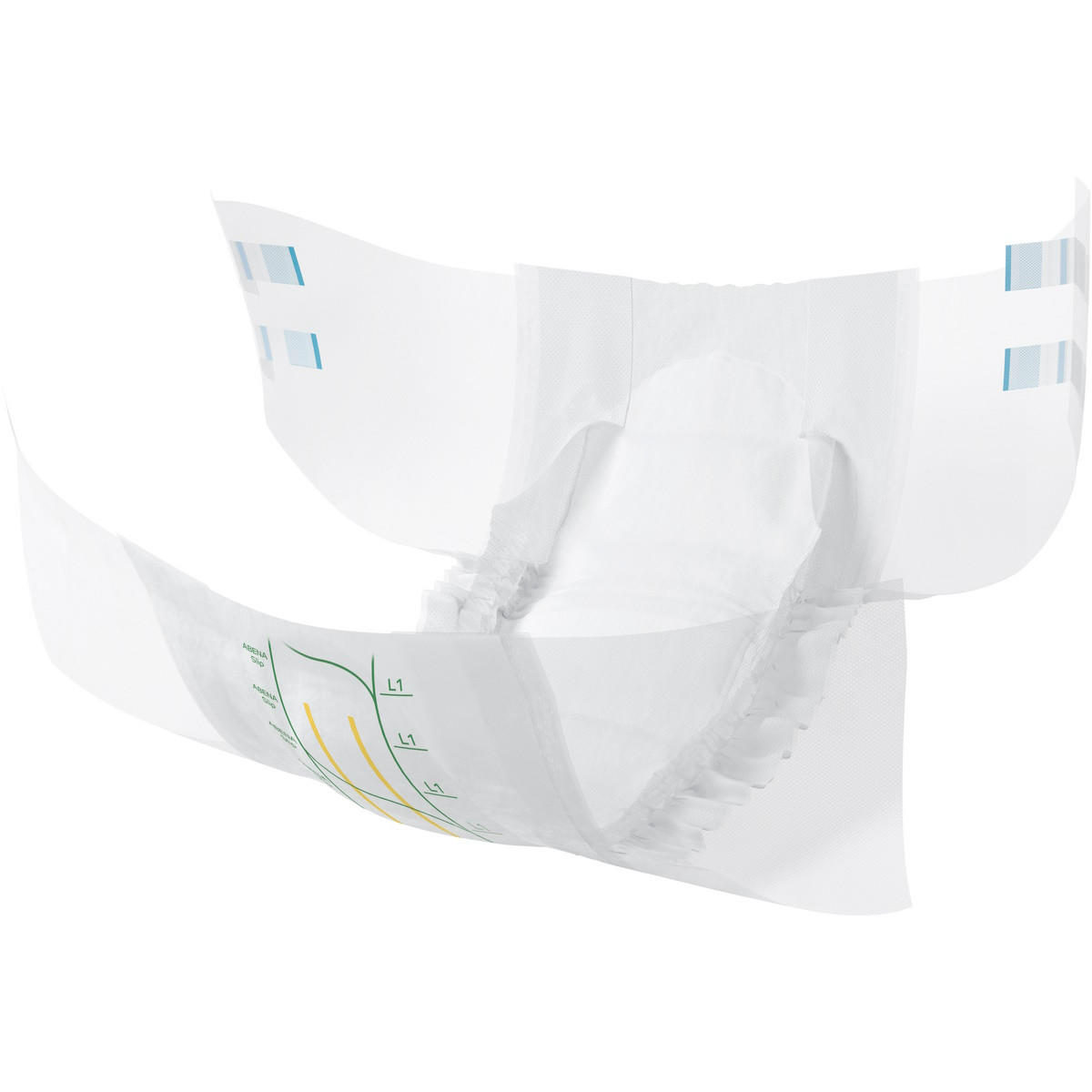 The Abena Slip Premium Level 1 Adult Diaper by Abena features elastic leg cuffs, adhesive tabs, and colored indicator lines for moderate absorbency, shown open on a white background.