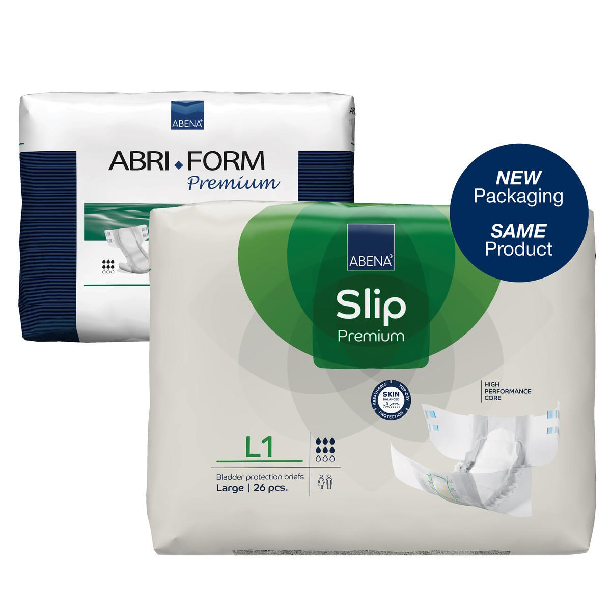 Two packages of adult diapers: Abri-Form Premium and Abena Slip Premium Level 1 by Abena, both for moderate absorbency. The Slip Premium pack shows a blue NEW Packaging SAME Product circle. Both packs are mainly white and green.
