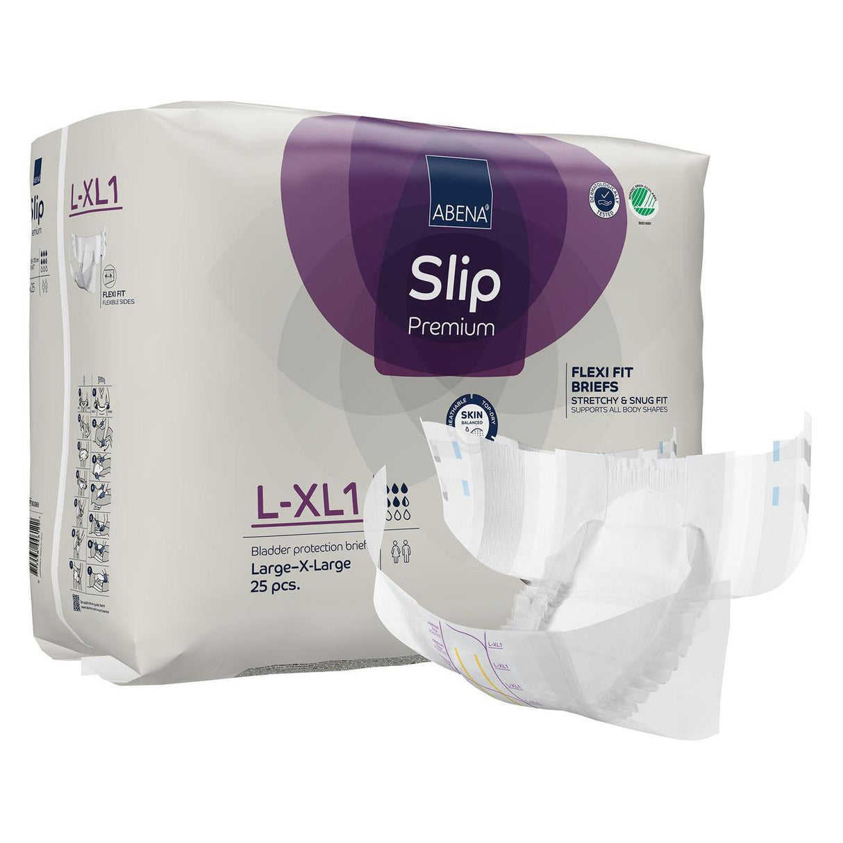 A package of Abena Slip Premium Flexi Fit Level 1 Briefs by Abena, size Large-X-Large, includes 25 incontinence briefs for bladder protection, with one unfolded white brief displayed in front of the package.