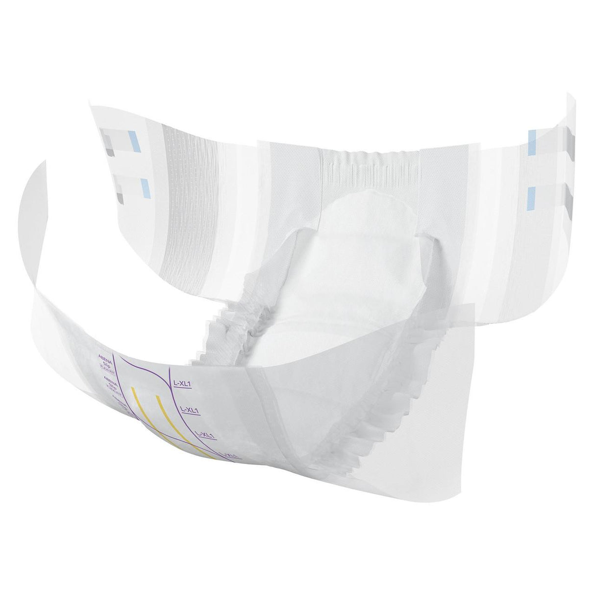 The Abena Slip Premium Flexi Fit Level 1 Briefs by Abena are disposable briefs shown open to reveal an absorbent core for superior protection, elastic leg cuffs, and an exterior with adhesive tabs plus a wetness indicator.