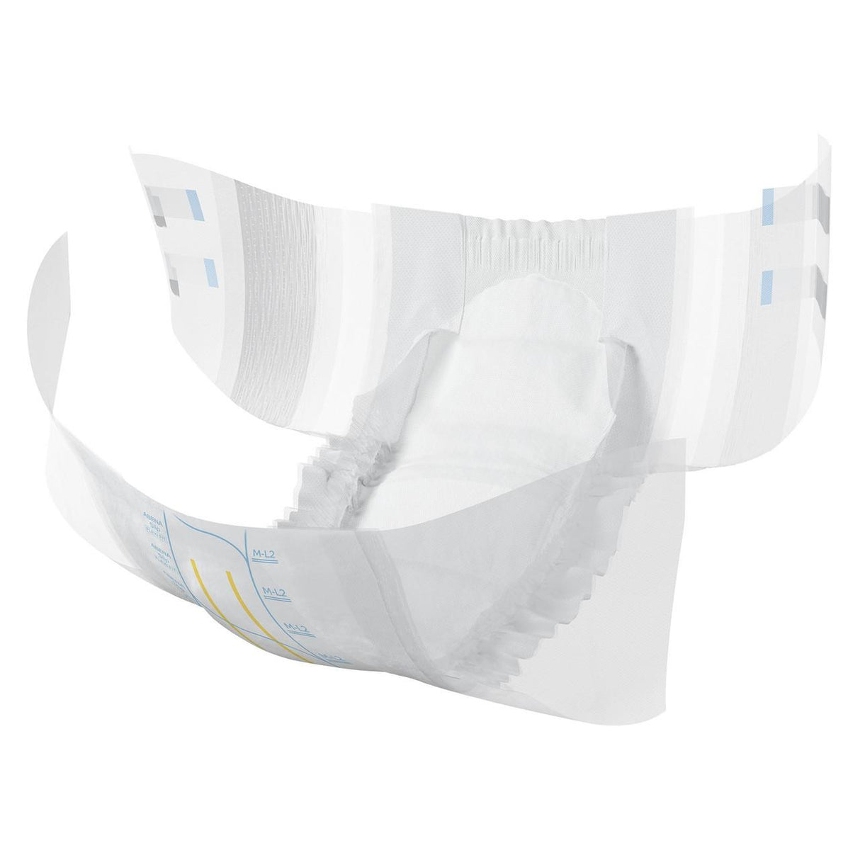 The Abena Slip Premium Flexi Fit Level 2 Briefs by Abena are disposable adult diapers for moderate to heavy incontinence, featuring elastic sides, absorbent padding, adhesive tabs, and an open view showing the inner lining and side barriers.