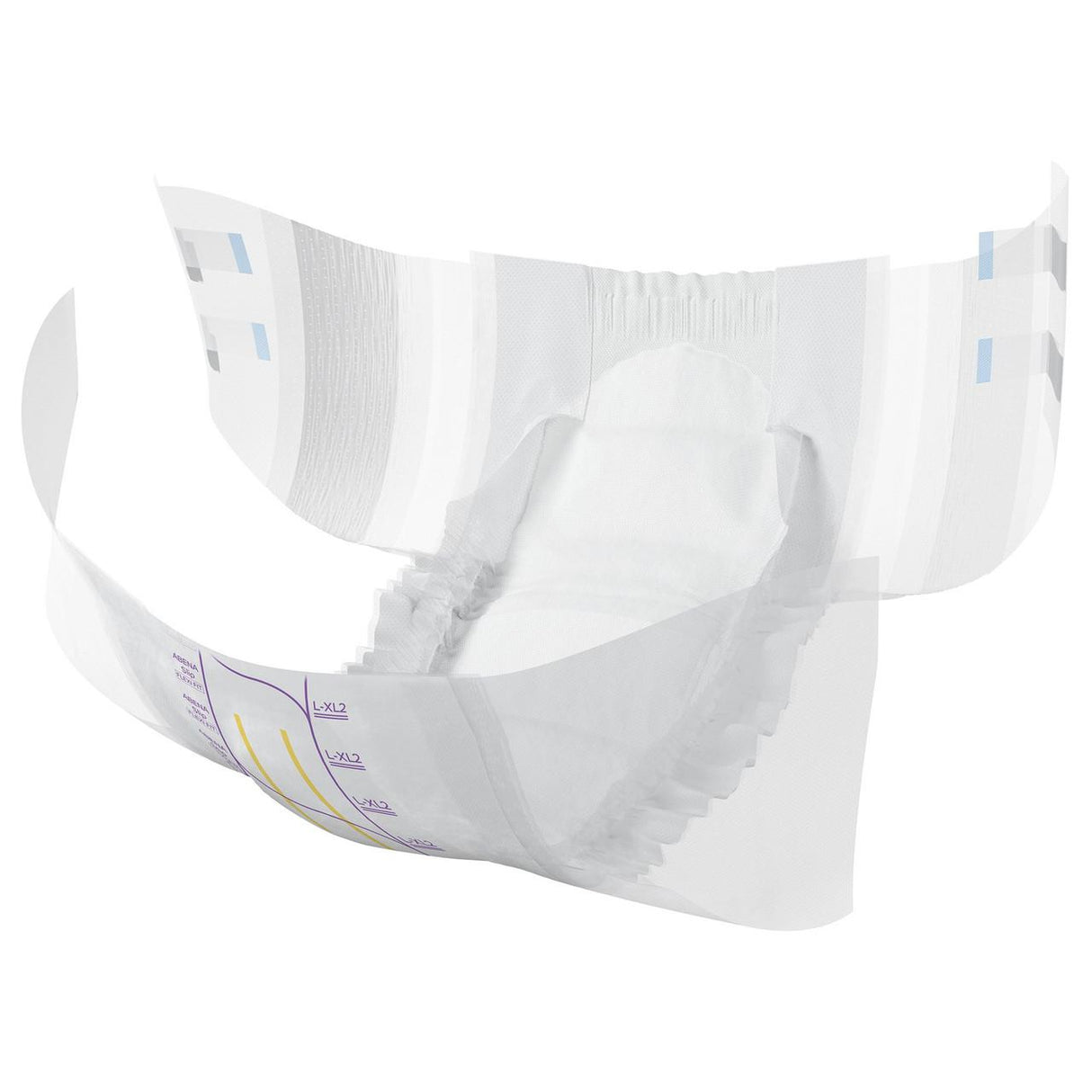 The Abena Slip Premium Flexi Fit Level 2 Briefs by Abena are shown open, revealing absorbent inner layers, elastic leg cuffs, and adhesive tabs. The outer surface features light blue and purple markings.
