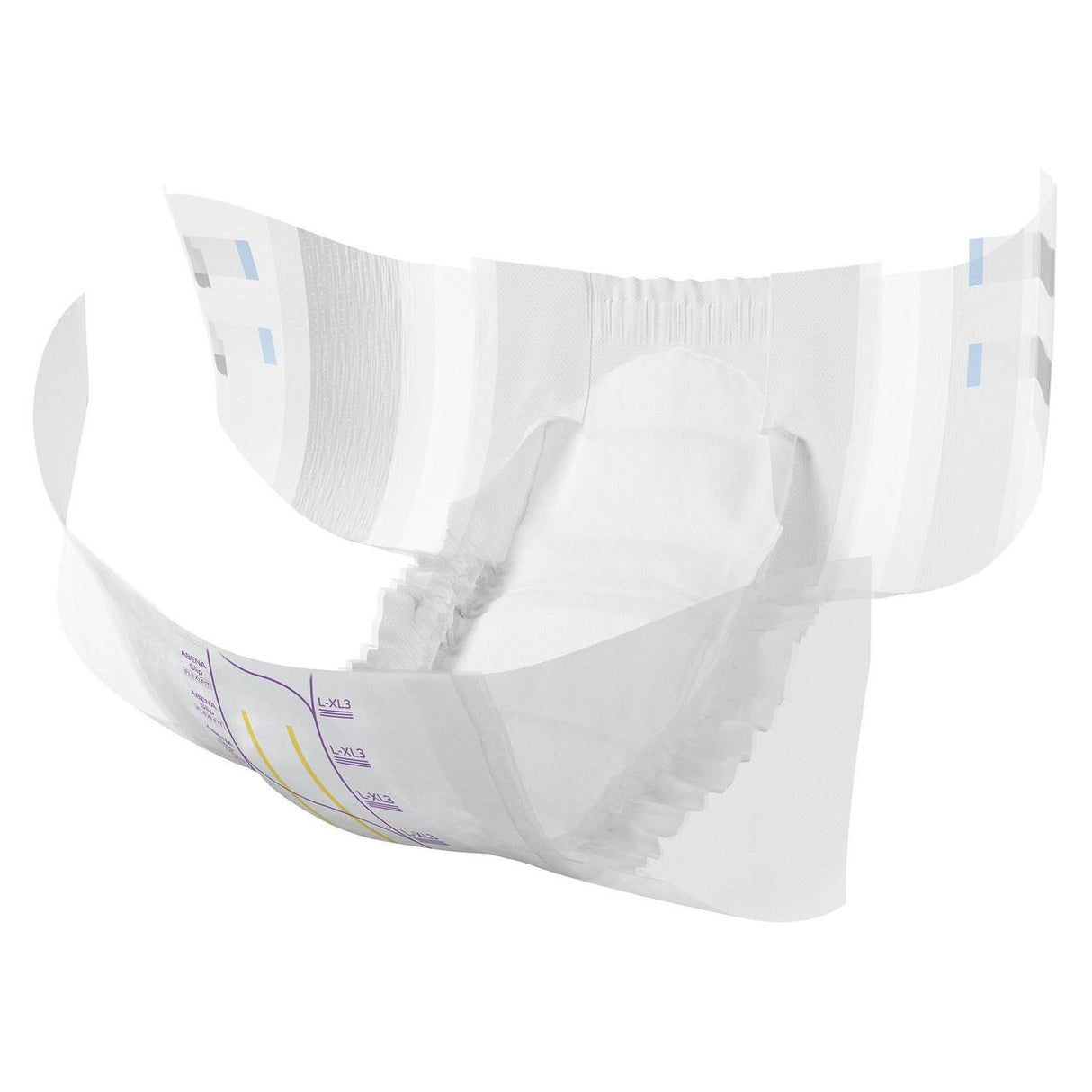 An open Abena Slip Premium Flexi Fit Level 3 Brief by Abena is shown, featuring stretchy sides, leak guard edges, and outer measurement markings. Its absorbent inner padding ensures comfort and protection.