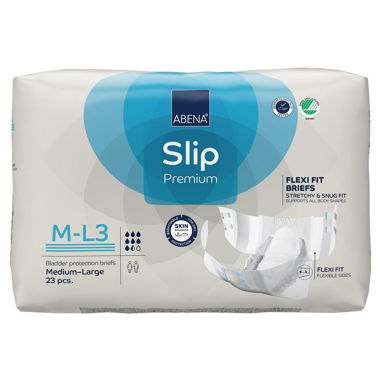 A pack of 23 Abena Slip Premium Flexi Fit Level 3 Briefs, size Medium-Large (M-L3), featuring skin-friendly protection. The packaging displays the Abena brand and an image of the incontinence briefs.