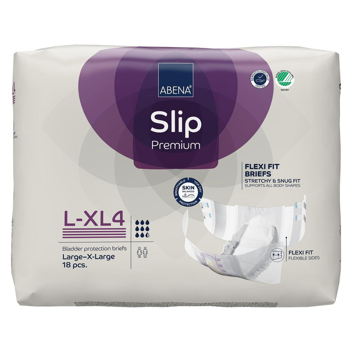 Abena Slip Premium Flexi Fit Level 4 Briefs by Abena, size Large–X-Large, pack of 18. For overnight incontinence, the white and purple packaging emphasizes flexibility and skin protection for all-night comfort.