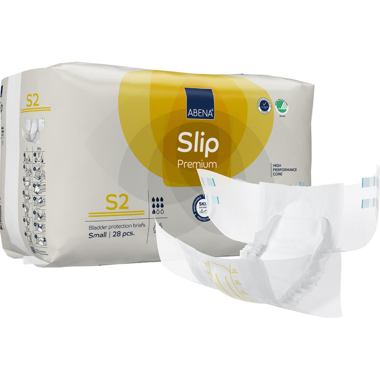 A package of Abena Slip Premium Level 2 Adult Diapers by Abena, size small, contains 28 briefs. One brief is displayed outside the pack to show its design, which offers moderate absorbency and advanced odor control for overnight confidence.