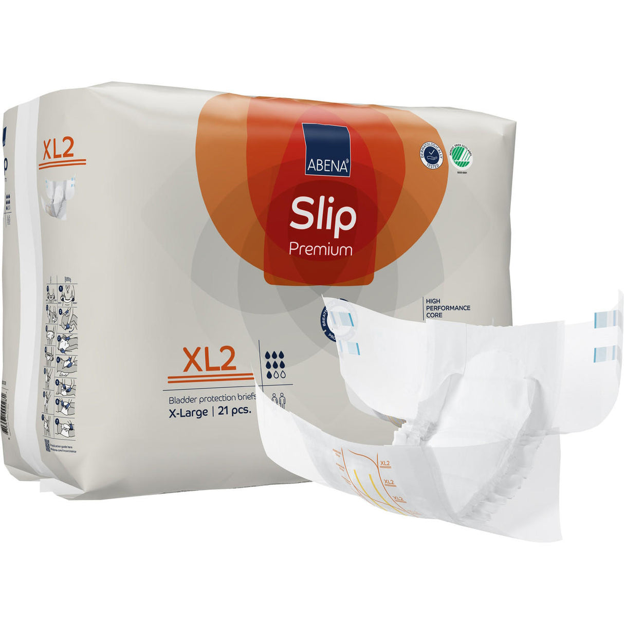 A package of Abena Slip Premium Level 2 Adult Diapers is shown, with one unfolded in front. The packaging highlights 21 extra-large pieces for overnight use and bladder protection with advanced odor control.
