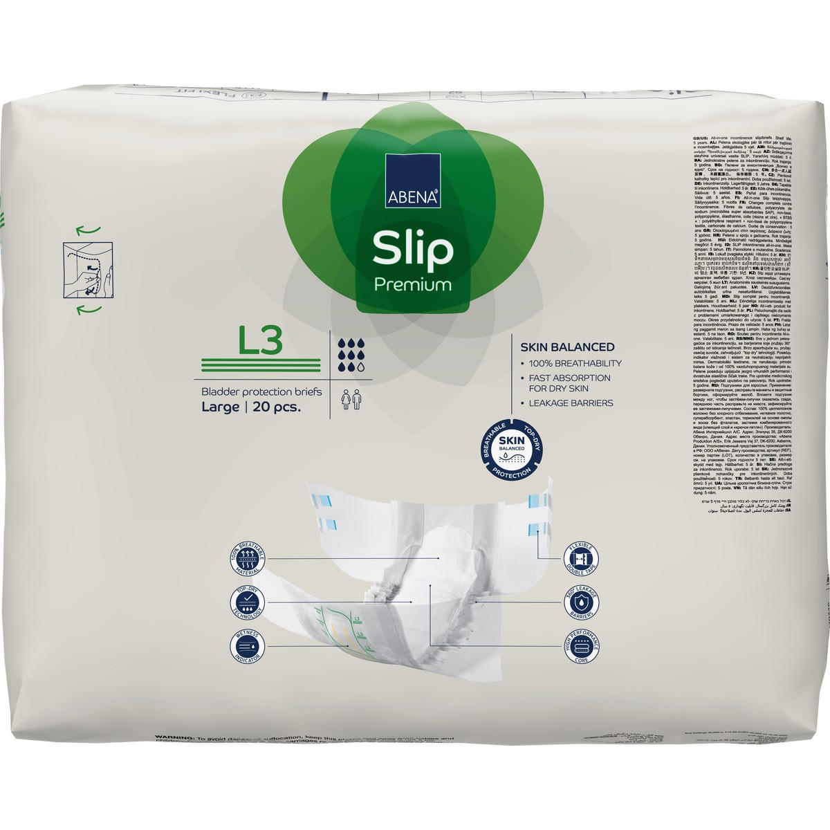 A pack of 20 Abena Slip Premium Level 3 Adult Diapers by Abena, large size, heavy absorbency, odor control, white with green and blue accents, English info on pack.