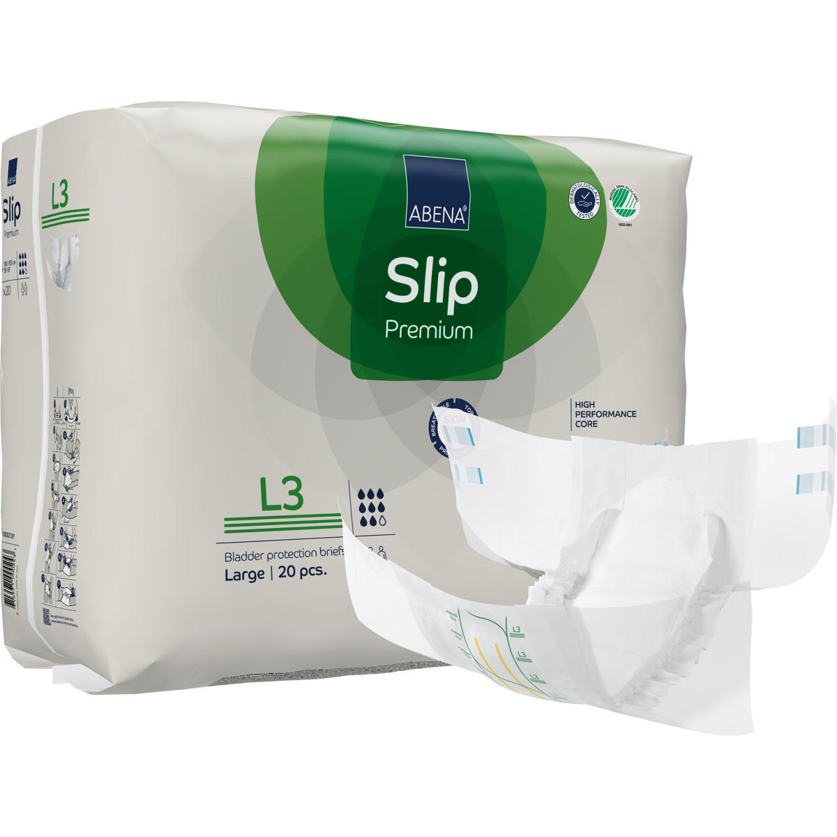 A package of Abena Slip Premium Level 3 Adult Diapers by Abena, large size (20 count), is displayed with one brief partially unfolded. The white and green packaging emphasizes heavy absorbency and reliable protection.
