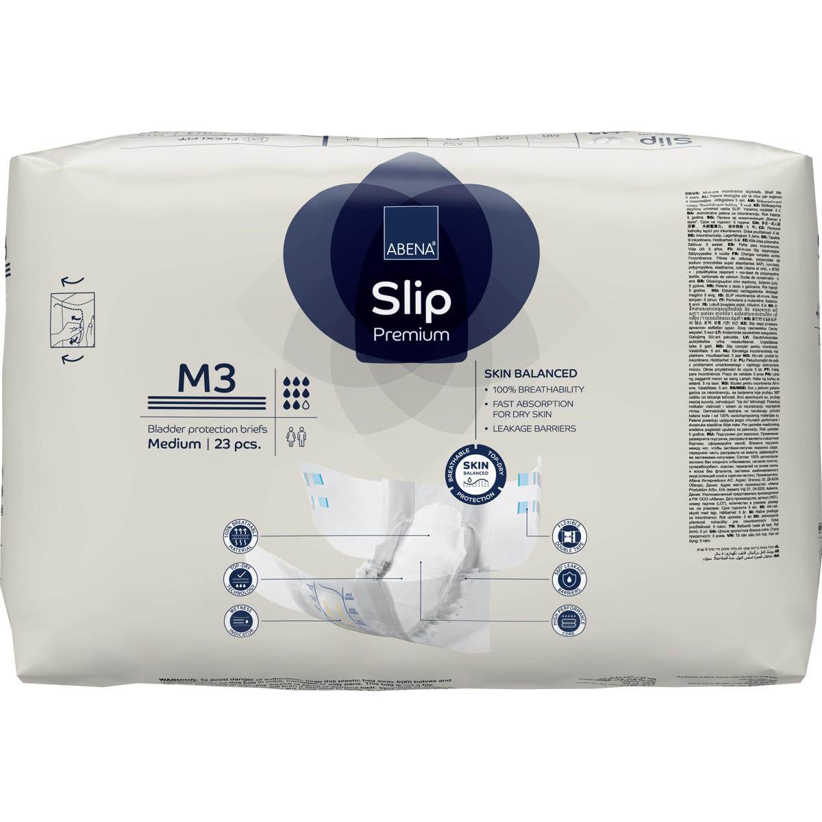 A 23-count pack of Abena Slip Premium Level 3 Adult Diapers by Abena in medium size features heavy absorbency, leakage protection, and icons for odor control and skin balance on white and blue packaging.