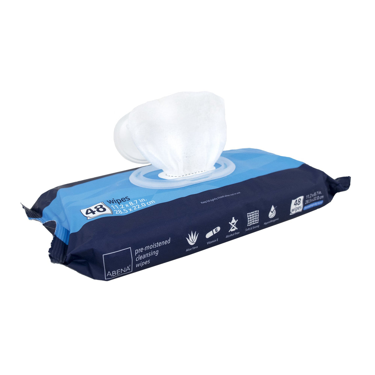 A pack of Abena Disposable Wet Wipes by Abena, dermatologically tested with a blue design. The open top reveals one white wipe partially pulled out. The label shows 48 wipes are included in the package.