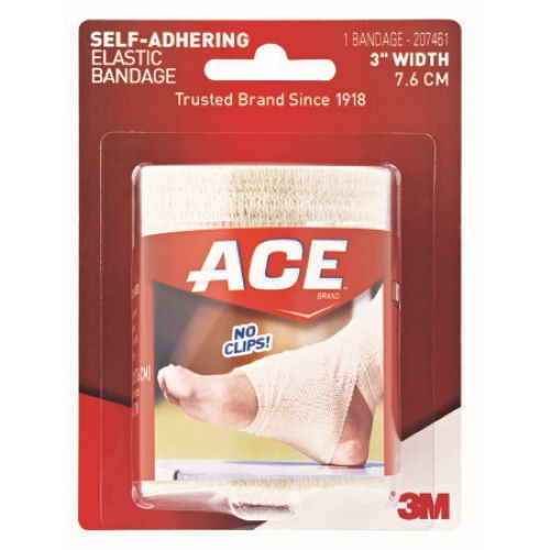 ACE Elastic Bandage, Self Adherent Closure (3 in x 5 yd Roll, 3 Pack) by ACE comes in red packaging with a wrapped ankle image, requires no clips, and features the white 3M logo at the bottom right.