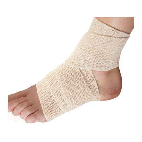 A close-up of a foot and ankle wrapped with an ACE Elastic Bandage, Self Adherent Closure (3 in x 5 yd Roll, 3 Pack), providing muscle support or injury treatment against a plain white background.