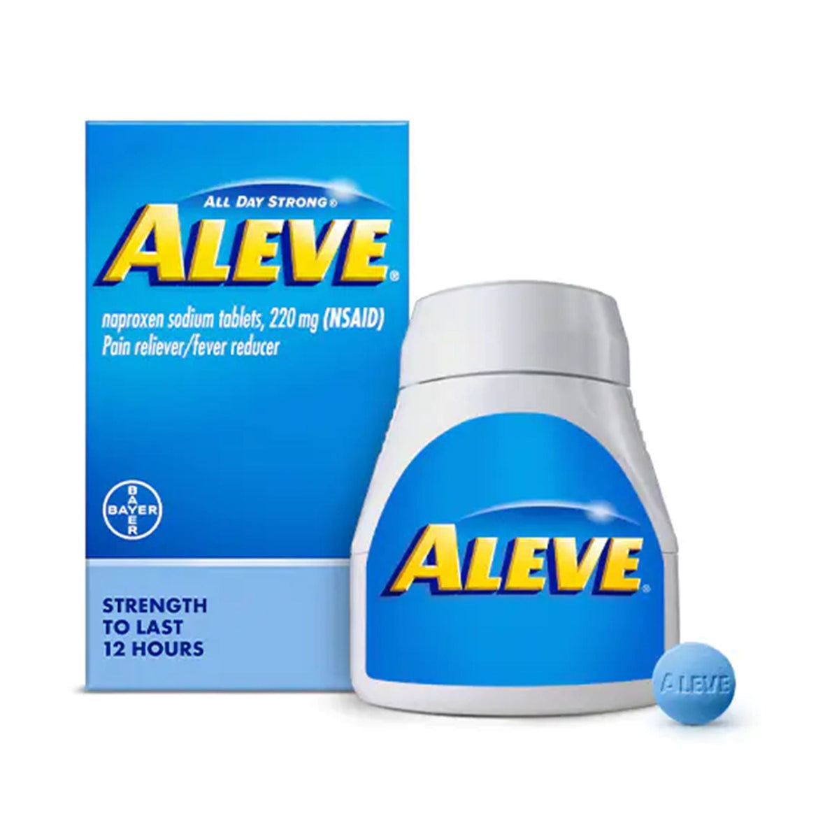 Aleve Naproxen Sodium Pain Relief, box with bottle and tablet
