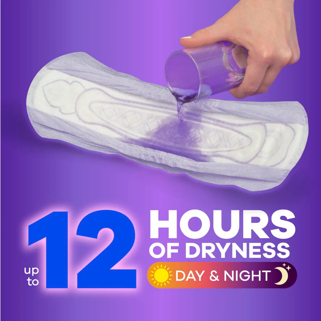 A hand pours liquid onto a pad against a purple background. Text reads: Up to 12 hours of discreet protection, showing sun and moon icons for day and night coverage with Always Discreet Light Pads, 3 Drops by Always for light bladder leaks.