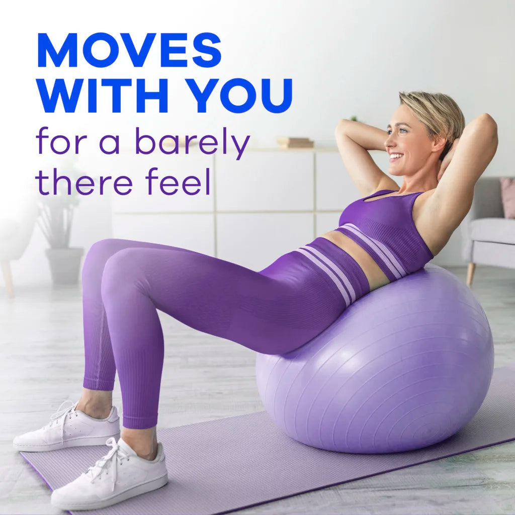 A woman in purple workout clothes does crunches on a purple exercise ball in a bright living room. Text reads: Always Discreet Light Pads, 3 Drops by Always—moves with you for barely-there comfort and discreet protection from light bladder leaks.