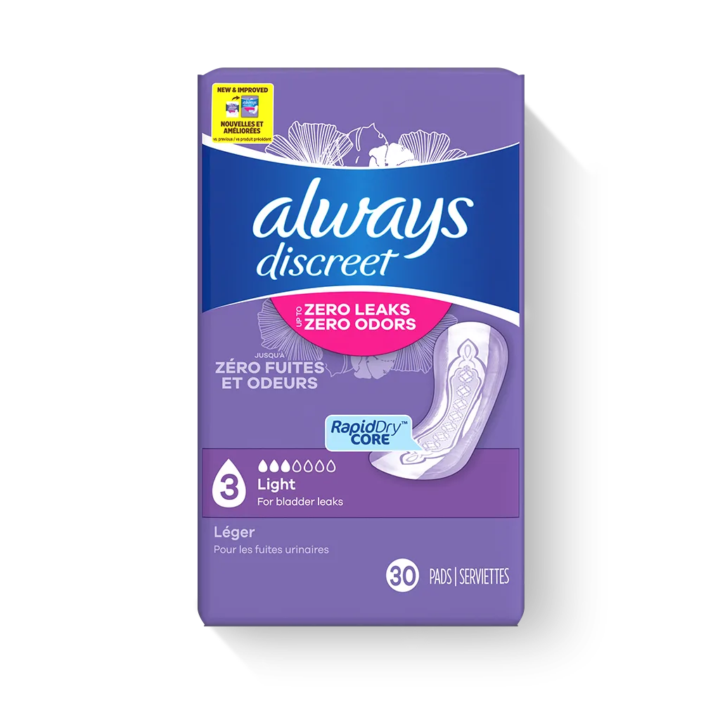 Always Discreet Light Pads, 3 Drops by Always offer discreet protection for light bladder leaks with a RapidDry Core. The purple package shows product info and a pad illustration on the front. Includes 30 pads.