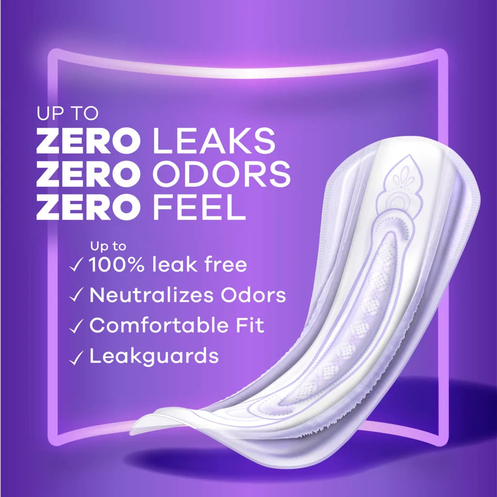 An Always Discreet Light Pads, 3 Drops by Always is shown on a purple background, featuring discreet bladder leak protection: up to zero leaks, zero odors, zero feel, 100% leak-free comfort fit with odor neutralization and leakguards.