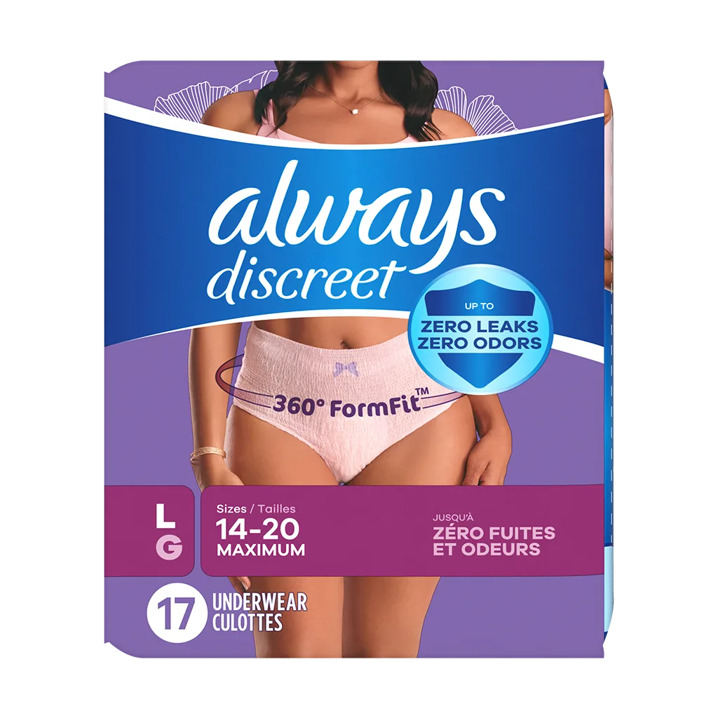 A package of Always Discreet Maximum Protection Underwear for Women by Always, size large (14-20), featuring a woman wearing the product. The pack contains 17 underwear and highlights “Zero Leaks Zero Odors.”.