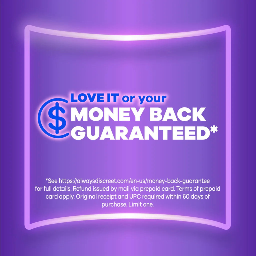 Purple background with glowing border. Center text: LOVE IT or your MONEY BACK GUARANTEED*. Fine print: Applies to Always Discreet Maximum Protection Underwear for Women—original receipt and UPC required within 60 days.