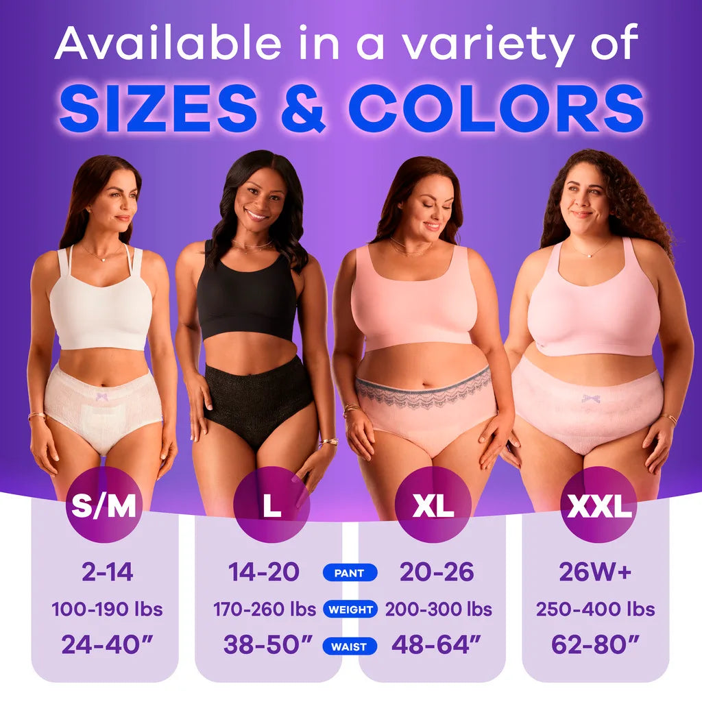 Four women of different body types model Always Discreet Maximum Protection Underwear for Women by Always against a purple background, with text showing available sizes S/M to XXL and corresponding fit details.